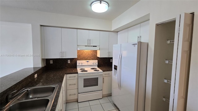 11060 SW 196th St Unit 407, Cutler Bay, FL 33157 - kitchen featuring white appliances, a sink, under cabinet range hood, tasteful backsplash, and light tile patterned floors