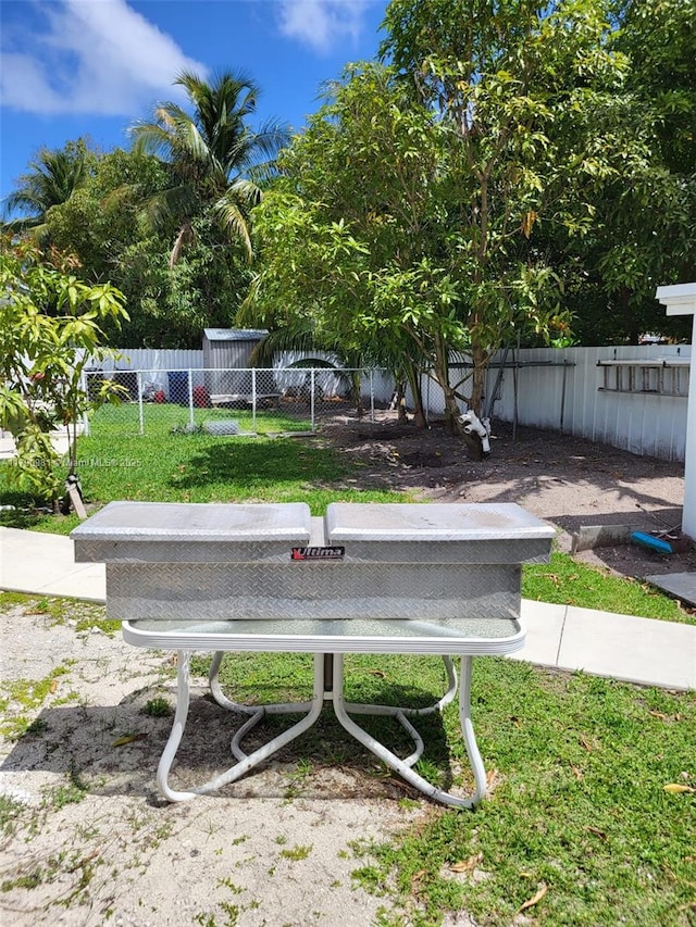 surrounding community with fence and a yard