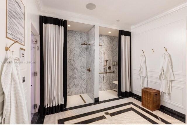 788 NE 23rd St Unit 3102, Miami, FL 33137 - bathroom with a marble finish shower, inlaid floor details, ornamental molding, and recessed lighting