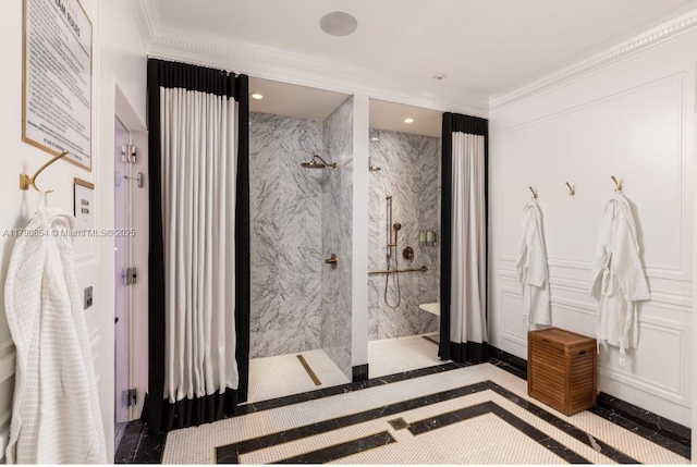 full bathroom featuring ornamental molding, recessed lighting, and a marble finish shower