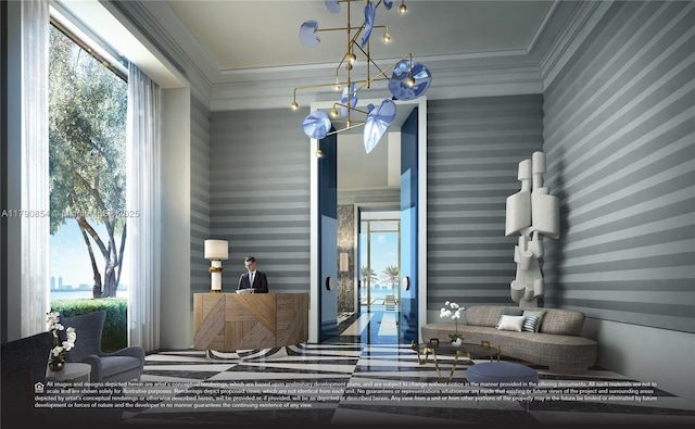 interior space featuring a chandelier, ornamental molding, and wallpapered walls