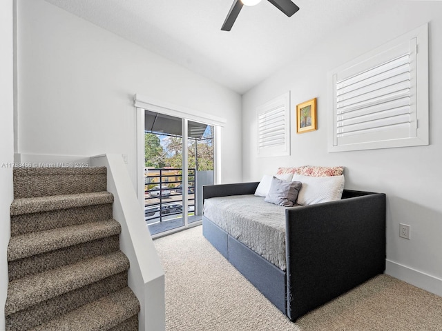 3025 SW 13th St, Miami, FL 33145 - bedroom with carpet flooring, access to exterior, vaulted ceiling, and a ceiling fan