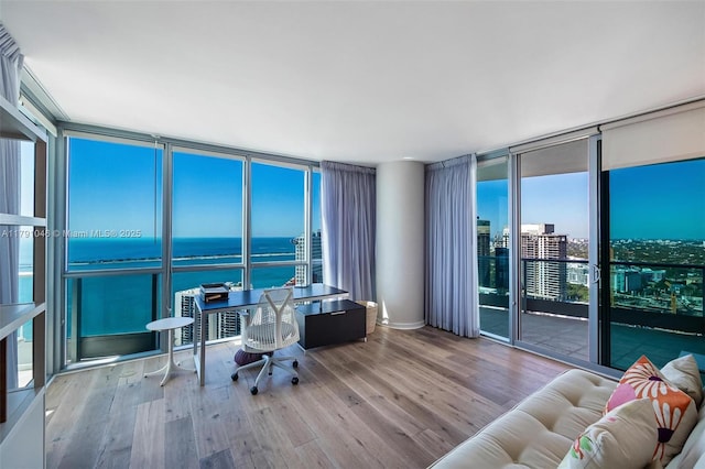 office with wood finished floors, a wall of windows, and a water view