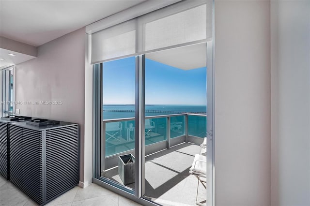 interior space featuring a water view