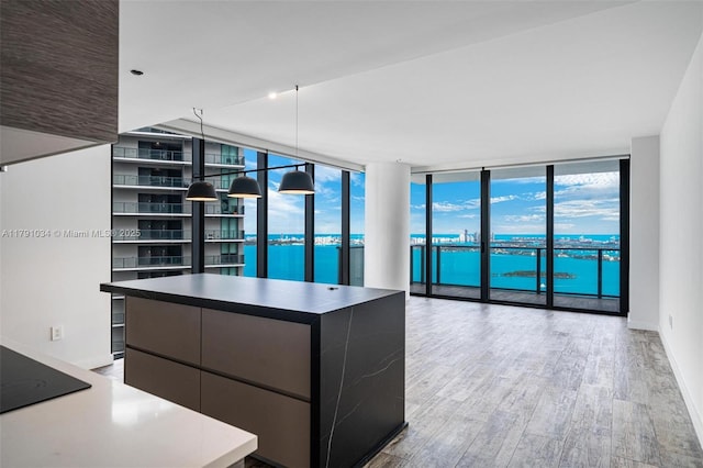 kitchen with modern cabinets, a water view, light wood-type flooring, a kitchen island, and floor to ceiling windows