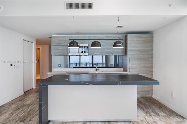 kitchen with modern cabinets, wood finished floors, and visible vents
