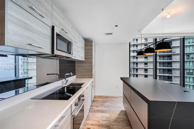kitchen with light wood-style flooring, a sink, stainless steel appliances, baseboards, and modern cabinets