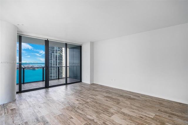spare room featuring baseboards, wood finished floors, and a wall of windows