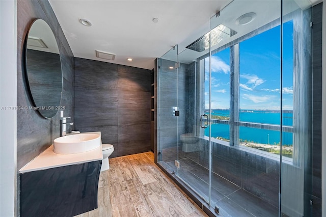 full bath with wood finished floors, a shower stall, a water view, toilet, and vanity