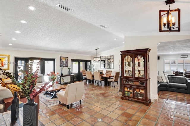 living area with recessed lighting, a chandelier, visible vents, a textured ceiling, and crown molding