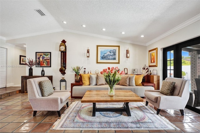 living area with recessed lighting, crown molding, visible vents, a textured ceiling, and lofted ceiling