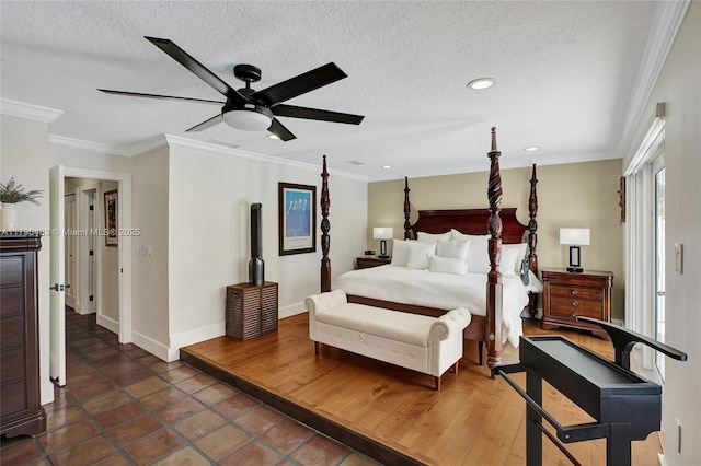 bedroom with recessed lighting, ornamental molding, ceiling fan, baseboards, and a textured ceiling