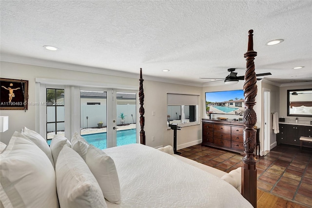 bedroom with recessed lighting, ceiling fan, access to outside, crown molding, and baseboards