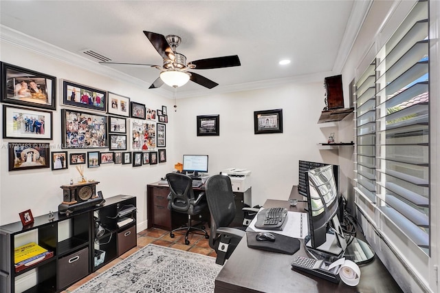 office space featuring recessed lighting, crown molding, a ceiling fan, visible vents, and baseboards