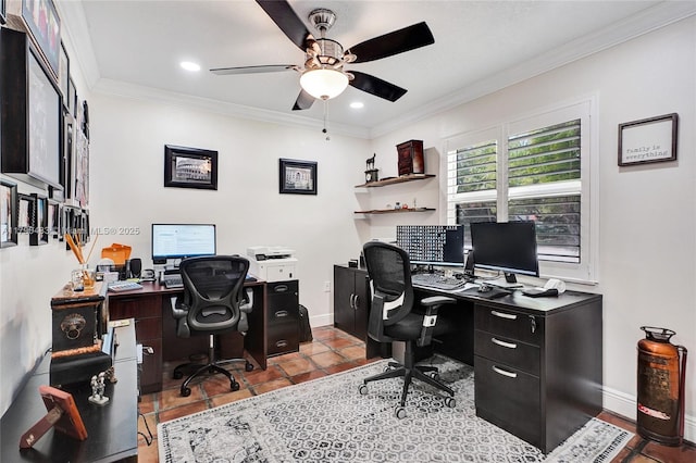 office space with baseboards, recessed lighting, a ceiling fan, and crown molding