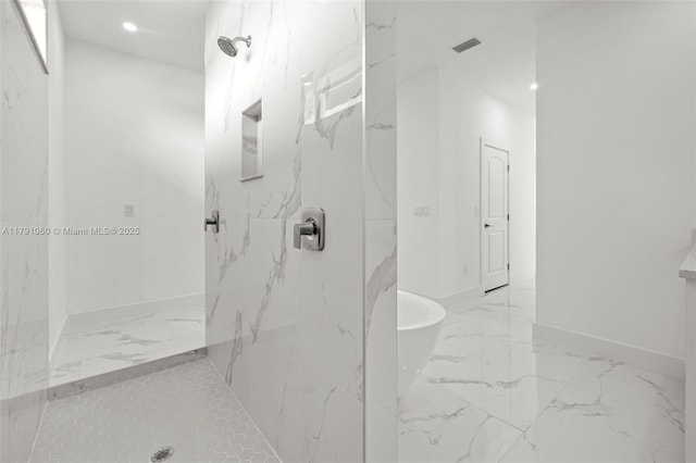 full bathroom with recessed lighting, a marble finish shower, marble finish floor, visible vents, and baseboards