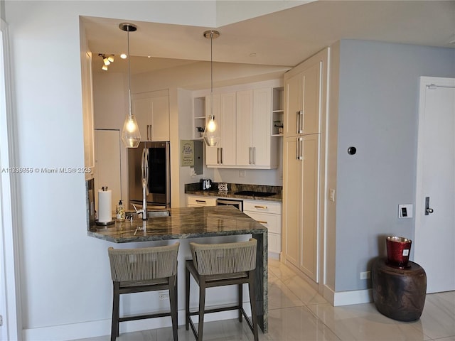 kitchen featuring a kitchen breakfast bar, open shelves, white cabinets, smart refrigerator, and a peninsula
