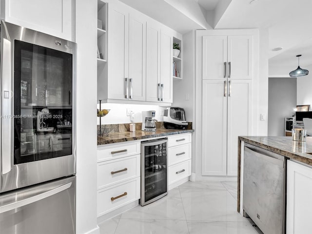888 Brickell Key Dr Unit 2709, Miami, FL 33131 - kitchen featuring smart refrigerator, open shelves, beverage cooler, and white cabinets