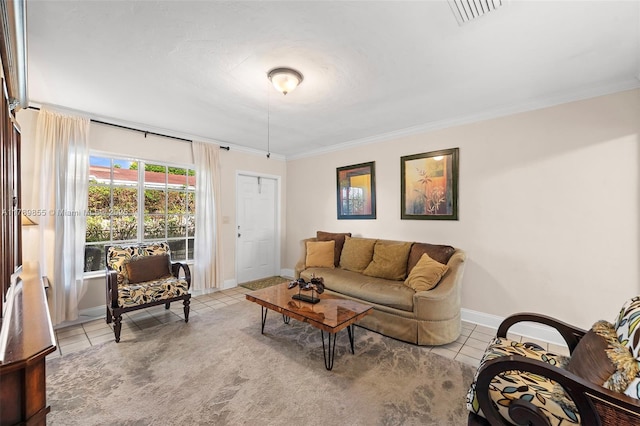 living area featuring light tile patterned flooring, baseboards, visible vents, and ornamental molding