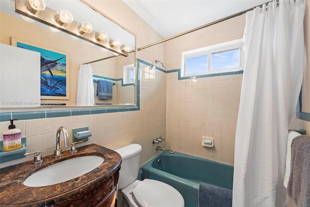 bathroom with vanity, toilet, shower / bathtub combination with curtain, tile walls, and backsplash