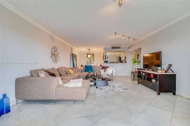 800 NE 195th St Unit 518, Miami, FL 33179 - living area with track lighting, crown molding, visible vents, baseboards, and marble finish floor