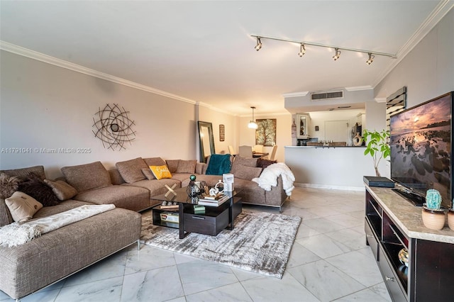 800 NE 195th St Unit 518, Miami, FL 33179 - living room featuring marble finish floor, crown molding, track lighting, and visible vents