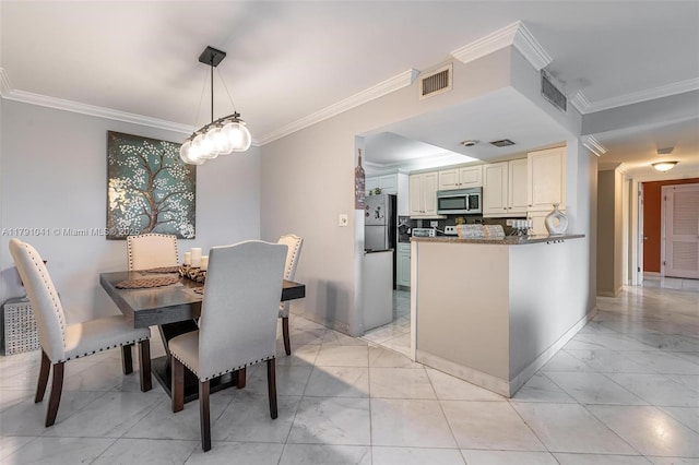 800 NE 195th St Unit 518, Miami, FL 33179 - dining space featuring baseboards, marble finish floor, crown molding, and visible vents