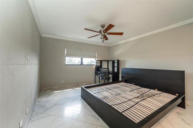 bedroom with ornamental molding, marble finish floor, and baseboards