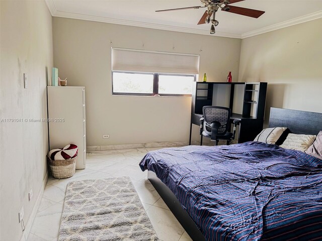 800 NE 195th St Unit 518, Miami, FL 33179 - bedroom featuring ornamental molding, marble look tile flooring, a ceiling fan, and baseboards