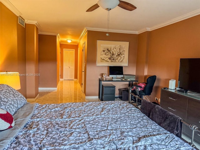 800 NE 195th St Unit 518, Miami, FL 33179 - bedroom with an office area, baseboards, crown molding, and a ceiling fan