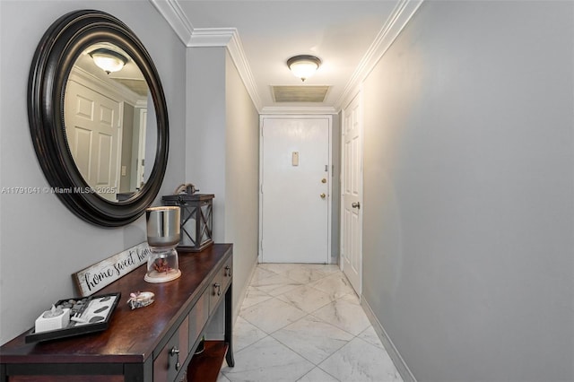800 NE 195th St Unit 518, Miami, FL 33179 - doorway to outside with baseboards, marble finish floor, visible vents, and crown molding