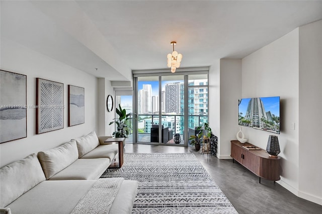 living area featuring floor to ceiling windows, dark wood finished floors, and baseboards