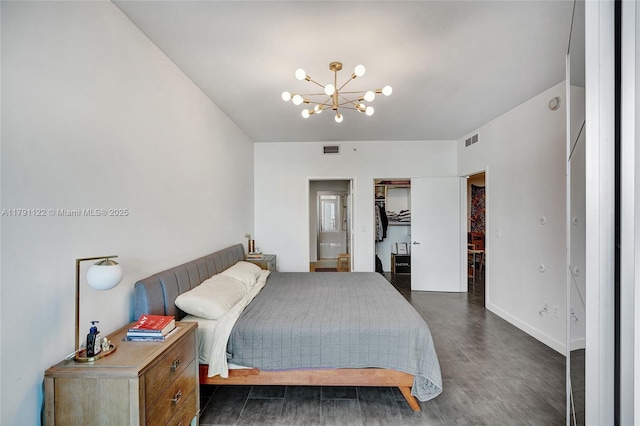 bedroom with a chandelier, visible vents, dark wood-type flooring, and baseboards