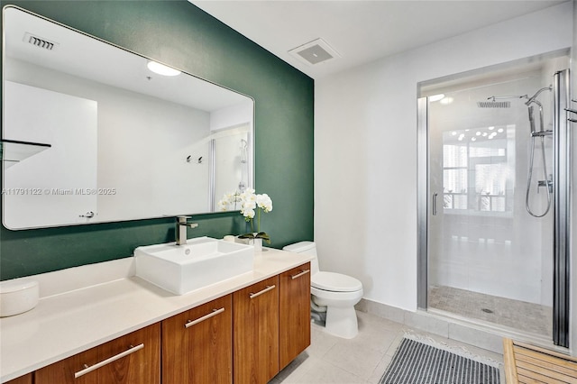 full bathroom featuring toilet, a stall shower, tile patterned flooring, and visible vents