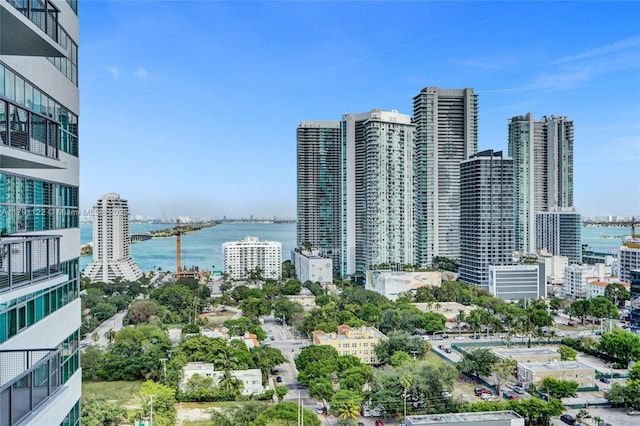 view of water feature with a city view