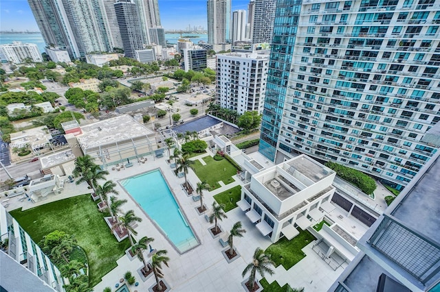 aerial view with a water view and a city view