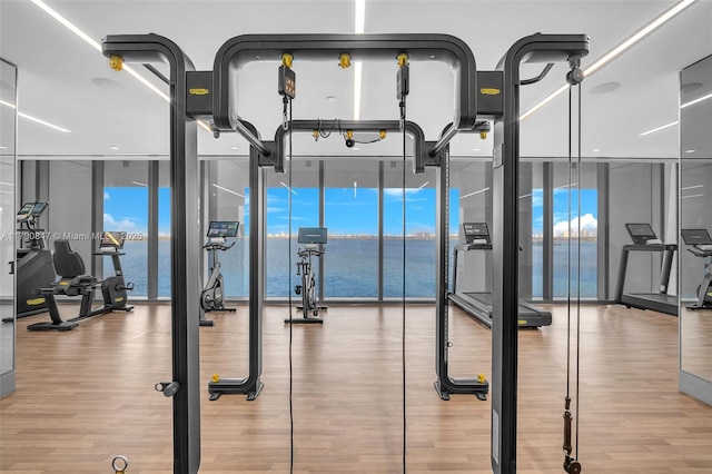 700 NE 26th Ter Unit Th-403, Miami, FL 33137 - workout area featuring expansive windows, wood finished floors, and a water view