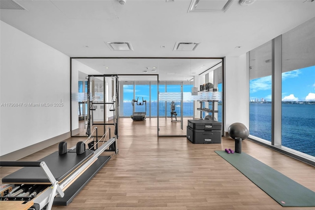 700 NE 26th Ter Unit Th-403, Miami, FL 33137 - gym featuring expansive windows, wood finished floors, and a water view