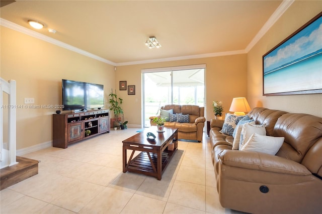 living room with crown molding, baseboards, and light tile patterned floors