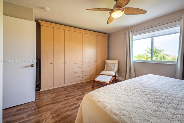 bedroom with ceiling fan, a closet, and dark wood-type flooring
