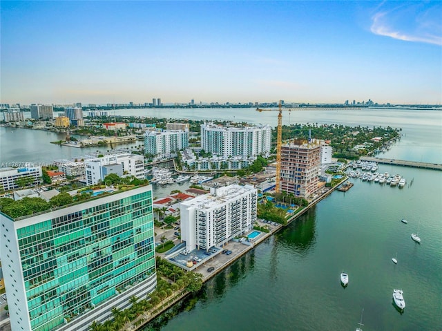 drone / aerial view with a city view and a water view