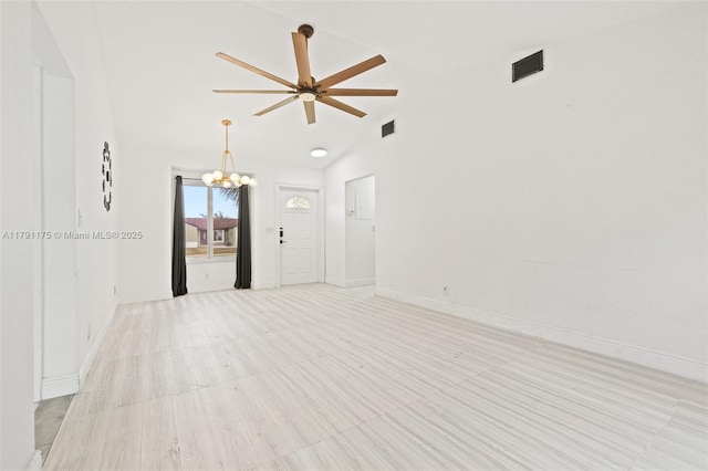 18982 Cloud Lake Cir, Boca Raton, FL 33496 - unfurnished room with baseboards, visible vents, ceiling fan with notable chandelier, and lofted ceiling