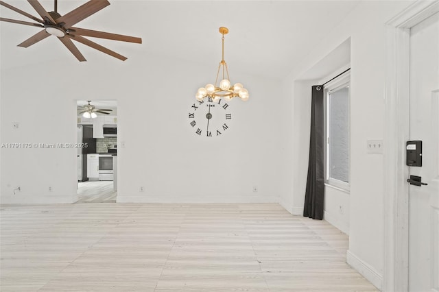 18982 Cloud Lake Cir, Boca Raton, FL 33496 - interior space with vaulted ceiling, baseboards, ceiling fan with notable chandelier, and light wood-type flooring