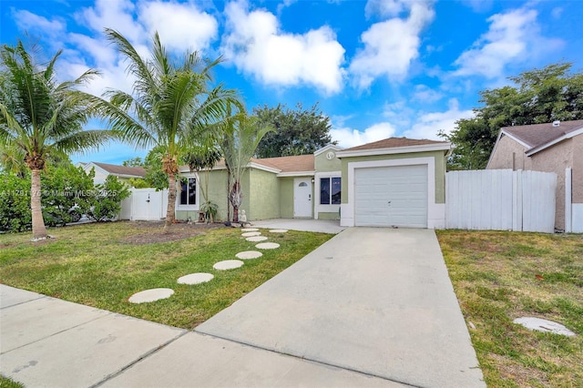 18982 Cloud Lake Cir, Boca Raton, FL 33496 - ranch-style house featuring fence, an attached garage, stucco siding, a front yard, and driveway
