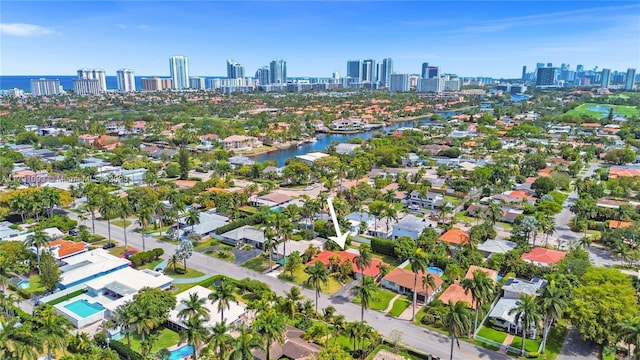 aerial view with a view of city and a water view