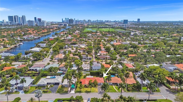 bird's eye view with a water view and a city view