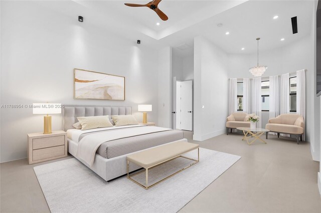 499 SW Squire Johns Ln, Palm City, FL 34990 - bedroom with a high ceiling, recessed lighting, a chandelier, and ceiling fan