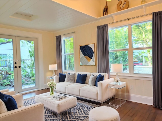 550 SW 13th Ave, Fort Lauderdale, FL 33312 - living room featuring healthy amount of natural light, dark wood-type flooring, baseboards, crown molding, and french doors