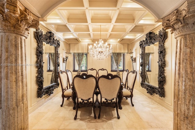 dining room featuring arched walkways, an inviting chandelier, coffered ceiling, and crown molding