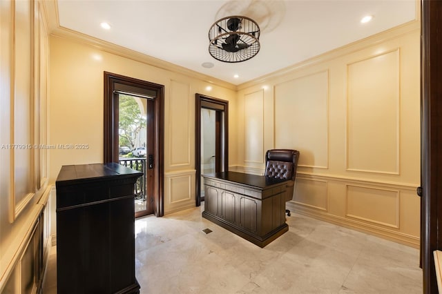 office featuring a decorative wall, recessed lighting, and ornamental molding